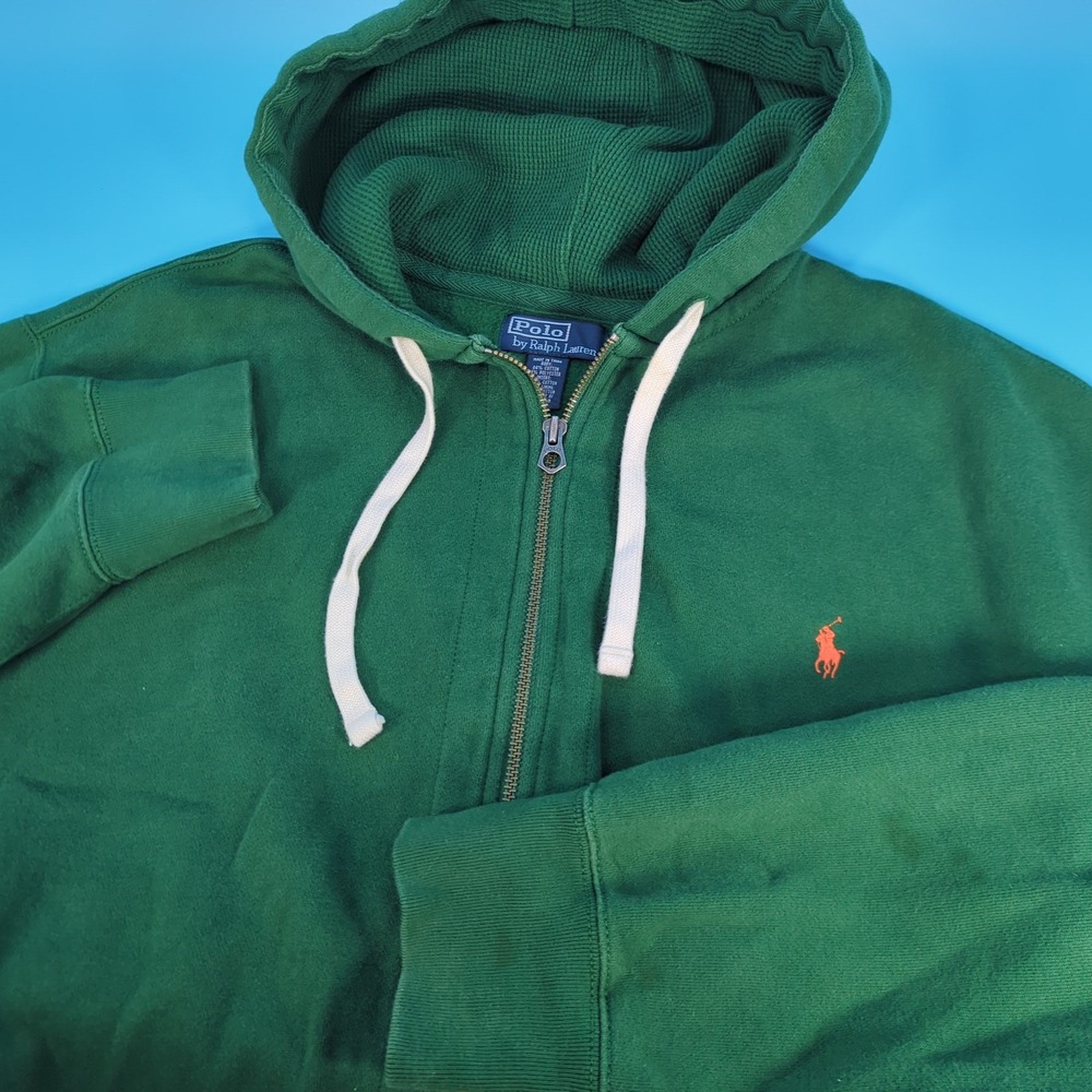 Polo Ralph Lauren Mens 2XLT Tall Green Full Zip Hoodie Orange Pony Fleece